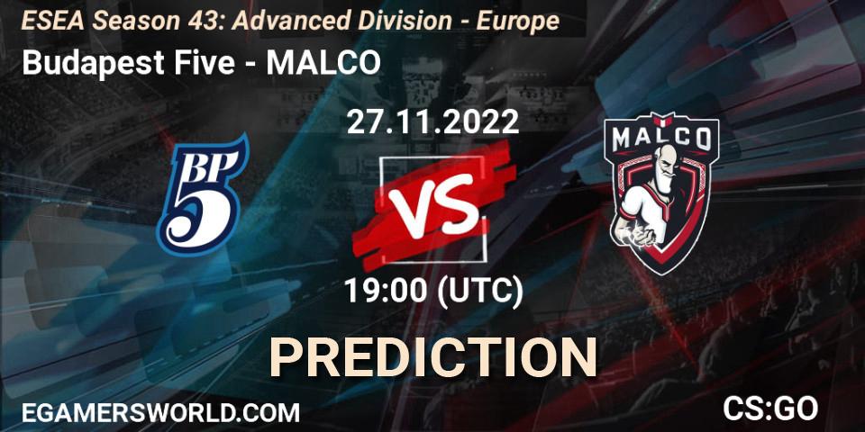 Budapest Five - MALCO: Maç tahminleri. 27.11.22, CS2 (CS:GO), ESEA Season 43: Advanced Division - Europe