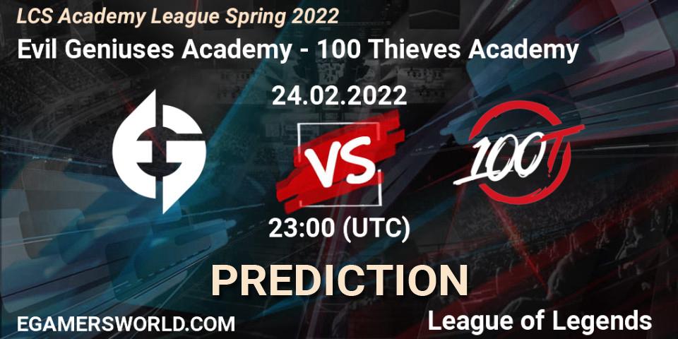 Evil Geniuses Academy - 100 Thieves Academy: Maç tahminleri. 24.02.2022 at 23:00, LoL, LCS Academy League Spring 2022