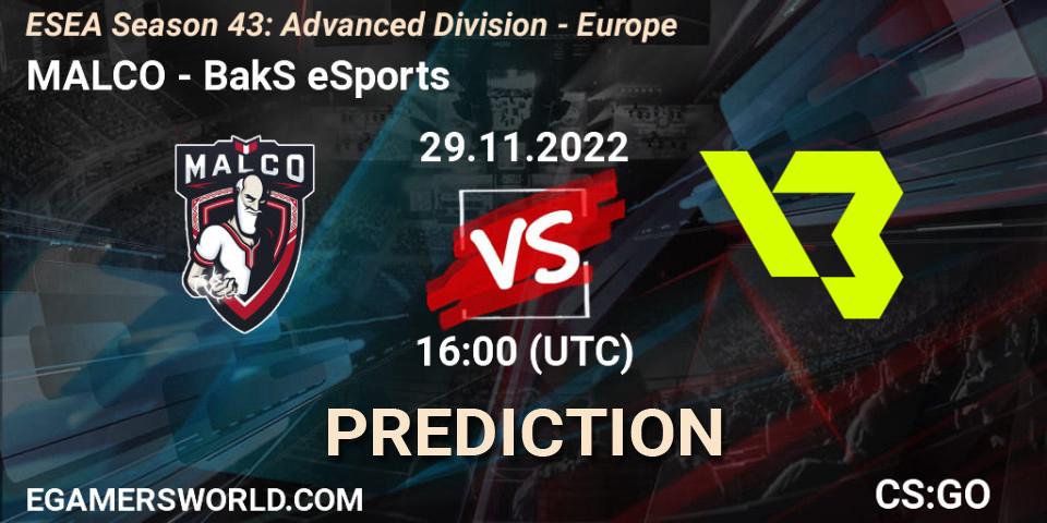 MALCO - BakS eSports: Maç tahminleri. 29.11.22, CS2 (CS:GO), ESEA Season 43: Advanced Division - Europe