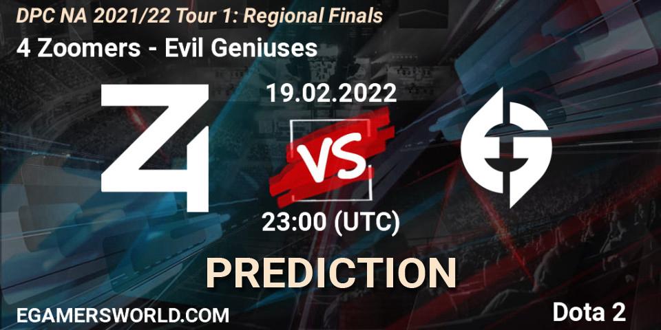 4 Zoomers - Evil Geniuses: Maç tahminleri. 19.02.2022 at 23:03, Dota 2, DPC NA 2021/22 Tour 1: Regional Finals