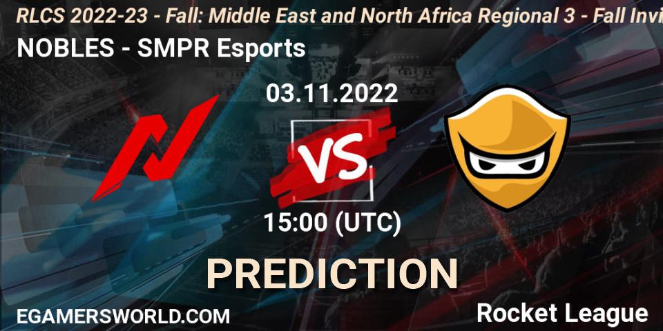 NOBLES - SMPR Esports: Maç tahminleri. 03.11.2022 at 15:00, Rocket League, RLCS 2022-23 - Fall: Middle East and North Africa Regional 3 - Fall Invitational