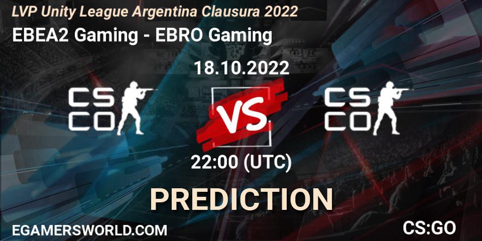 EBEA2 Gaming - EBRO Gaming: Maç tahminleri. 18.10.2022 at 22:00, Counter-Strike (CS2), LVP Unity League Argentina Clausura 2022