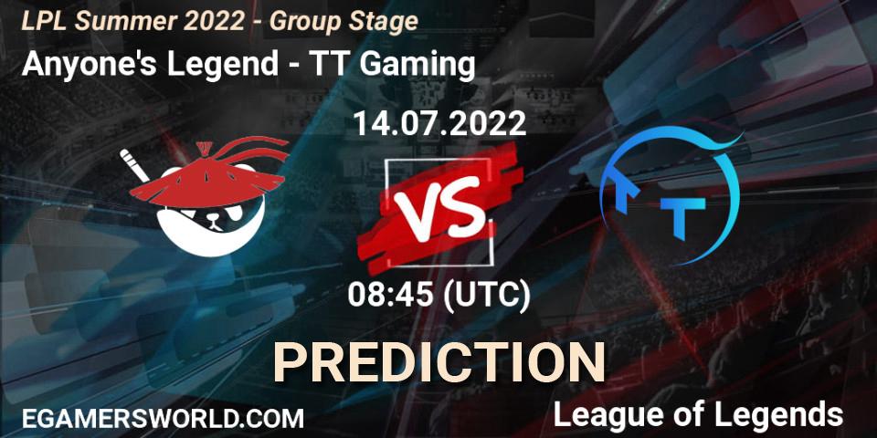 Anyone's Legend - TT Gaming: Maç tahminleri. 14.07.22, LoL, LPL Summer 2022 - Group Stage