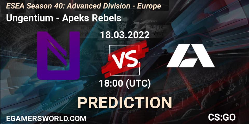Ungentium - Apeks Rebels: Maç tahminleri. 18.03.2022 at 18:00, Counter-Strike (CS2), ESEA Season 40: Advanced Division - Europe