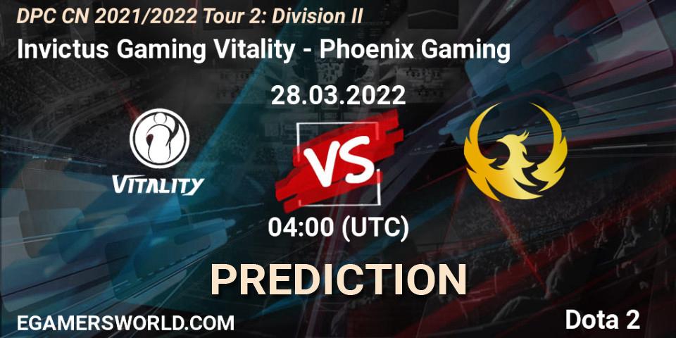 Invictus Gaming Vitality - Phoenix Gaming: Maç tahminleri. 28.03.2022 at 04:04, Dota 2, DPC 2021/2022 Tour 2: CN Division II (Lower)