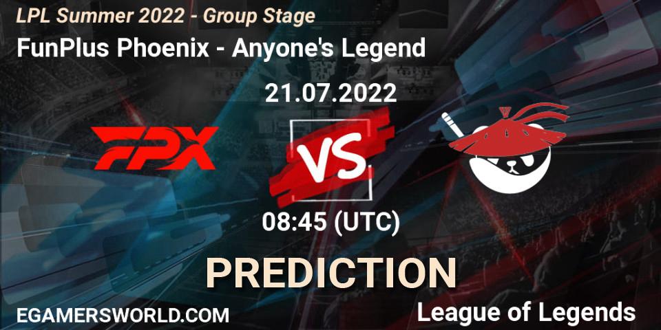 FunPlus Phoenix - Anyone's Legend: Maç tahminleri. 21.07.2022 at 09:00, LoL, LPL Summer 2022 - Group Stage