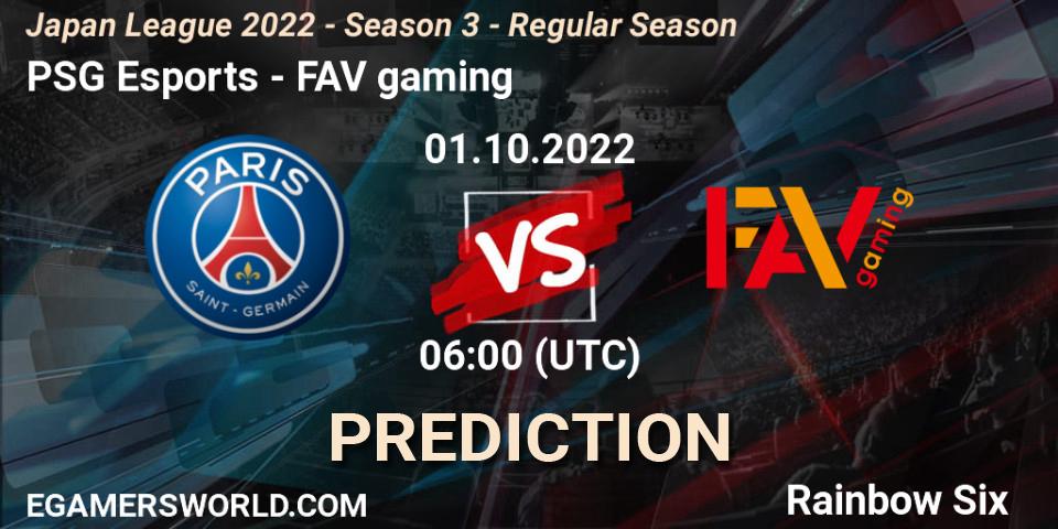 PSG Esports - FAV gaming: Maç tahminleri. 01.10.2022 at 06:00, Rainbow Six, Japan League 2022 - Season 3 - Regular Season