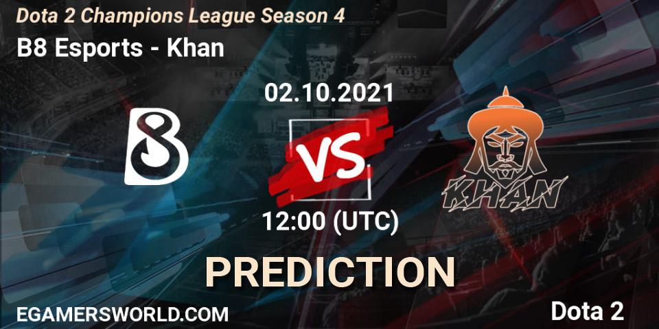 B8 Esports - Khan: Maç tahminleri. 02.10.2021 at 12:15, Dota 2, Dota 2 Champions League Season 4