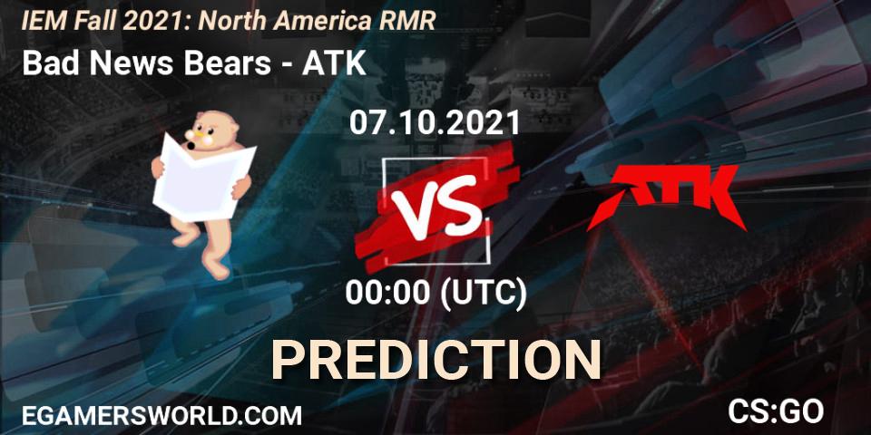 Bad News Bears - ATK: Maç tahminleri. 07.10.2021 at 00:05, Counter-Strike (CS2), IEM Fall 2021: North America RMR
