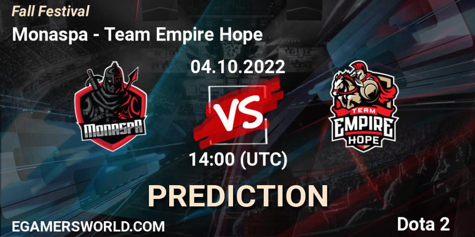 Monaspa - Team Empire Hope: Maç tahminleri. 04.10.2022 at 15:00, Dota 2, Fall Festival