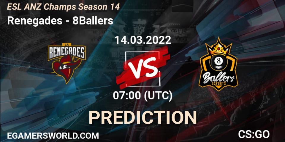 Renegades - 8Ballers: Maç tahminleri. 14.03.2022 at 07:00, Counter-Strike (CS2), ESL ANZ Champs Season 14