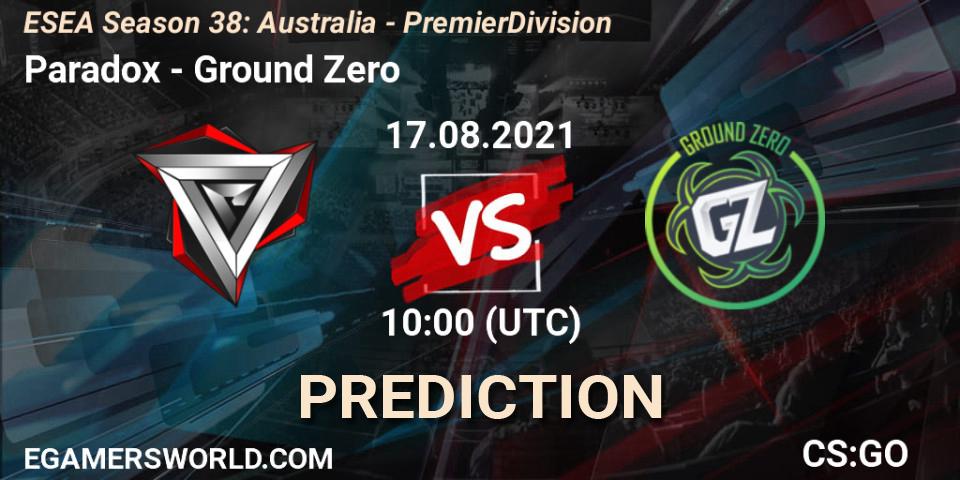 Paradox - Ground Zero: Maç tahminleri. 17.08.2021 at 10:00, Counter-Strike (CS2), ESEA Season 38: Australia - Premier Division