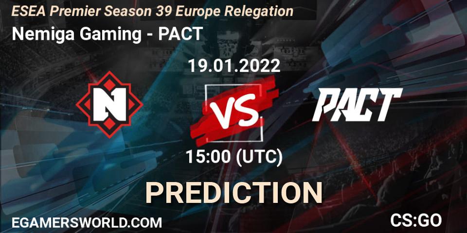 Nemiga Gaming - PACT: Maç tahminleri. 19.01.2022 at 15:00, Counter-Strike (CS2), ESEA Premier Season 39 Europe Relegation