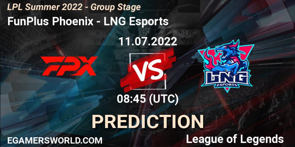 FunPlus Phoenix - LNG Esports: Maç tahminleri. 11.07.22, LoL, LPL Summer 2022 - Group Stage
