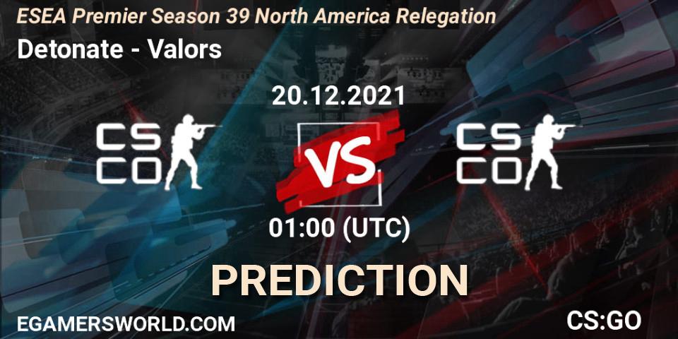 Detonate - Valors: Maç tahminleri. 20.12.2021 at 02:30, Counter-Strike (CS2), ESEA Premier Season 39 North America Relegation