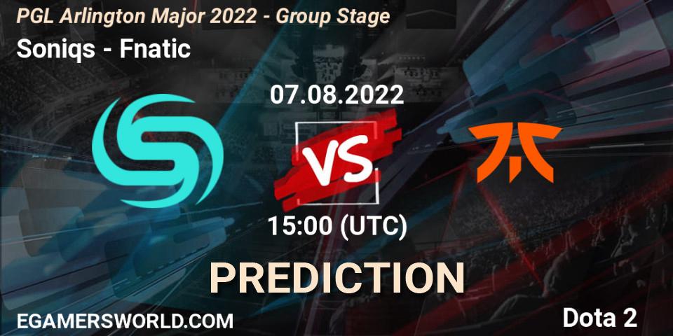 Soniqs - Fnatic: Maç tahminleri. 07.08.2022 at 15:00, Dota 2, PGL Arlington Major 2022 - Group Stage