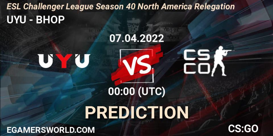 UYU - BHOP: Maç tahminleri. 07.04.2022 at 00:00, Counter-Strike (CS2), ESL Challenger League Season 40 North America Relegation