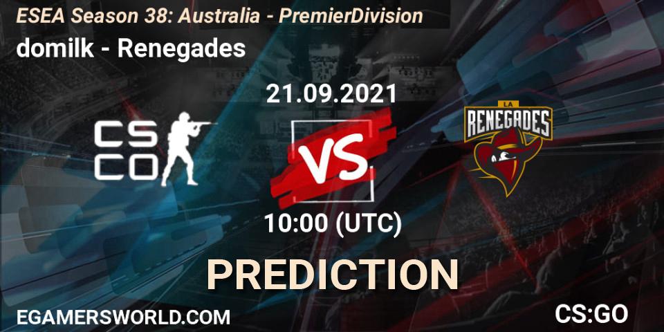 domilk - Renegades: Maç tahminleri. 21.09.2021 at 10:00, Counter-Strike (CS2), ESEA Season 38: Australia - Premier Division