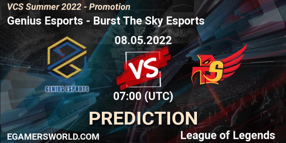 Genius Esports - Burst The Sky Esports: Maç tahminleri. 08.05.2022 at 07:00, LoL, VCS Summer 2022 - Promotion