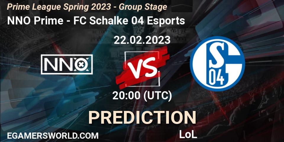 NNO Prime - FC Schalke 04 Esports: Maç tahminleri. 22.02.2023 at 20:00, LoL, Prime League Spring 2023 - Group Stage