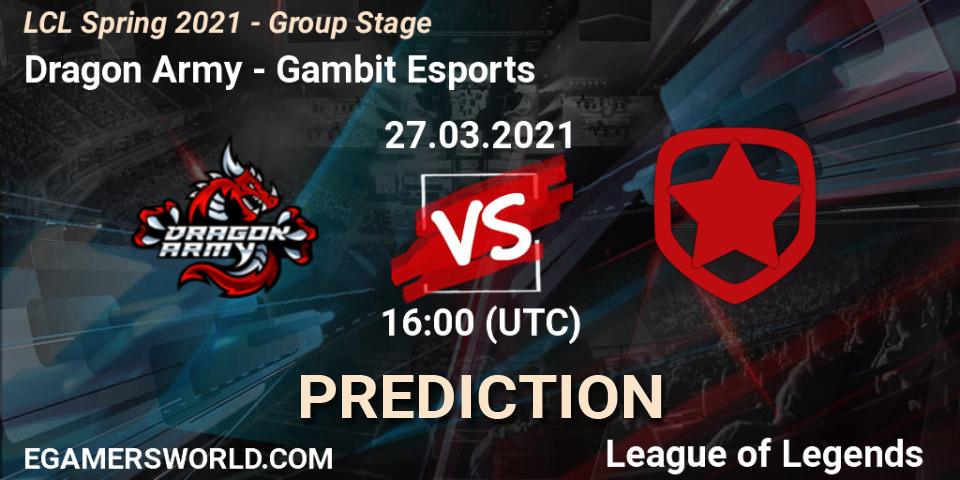 Dragon Army - Gambit Esports: Maç tahminleri. 27.03.2021 at 16:00, LoL, LCL Spring 2021 - Group Stage