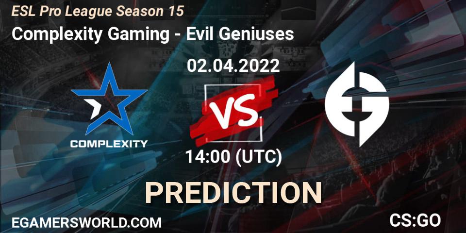 Complexity Gaming - Evil Geniuses: Maç tahminleri. 02.04.2022 at 14:00, Counter-Strike (CS2), ESL Pro League Season 15