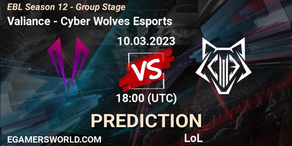Valiance - Cyber Wolves Esports: Maç tahminleri. 10.03.23, LoL, EBL Season 12 - Group Stage