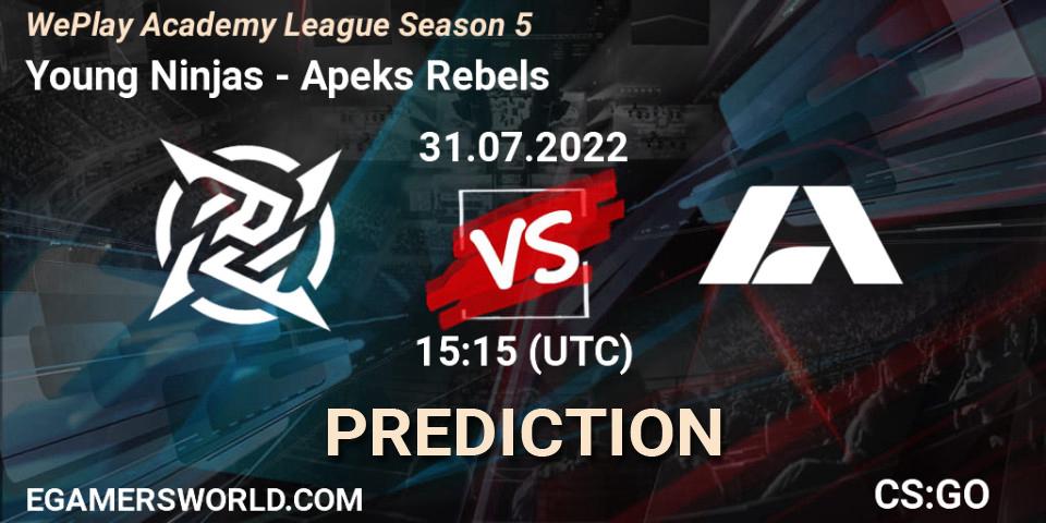 Young Ninjas - Apeks Rebels: Maç tahminleri. 31.07.2022 at 15:15, Counter-Strike (CS2), WePlay Academy League Season 5