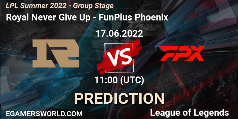 Royal Never Give Up - FunPlus Phoenix: Maç tahminleri. 17.06.2022 at 11:00, LoL, LPL Summer 2022 - Group Stage