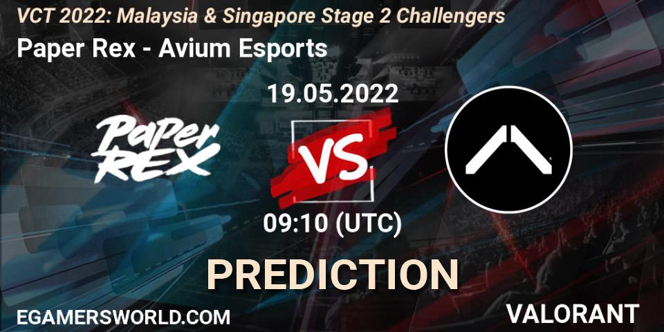 Paper Rex - Avium Esports: Maç tahminleri. 19.05.2022 at 09:10, VALORANT, VCT 2022: Malaysia & Singapore Stage 2 Challengers