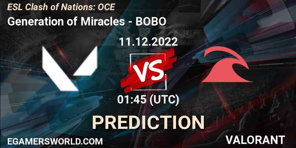 Generation of Miracles - BOBO: Maç tahminleri. 11.12.2022 at 01:45, VALORANT, ESL Clash of Nations: OCE