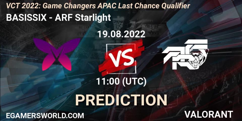 BASISSIX - ARF Starlight: Maç tahminleri. 19.08.2022 at 11:00, VALORANT, VCT 2022: Game Changers APAC Last Chance Qualifier