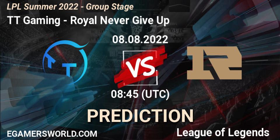 TT Gaming - Royal Never Give Up: Maç tahminleri. 08.08.2022 at 09:00, LoL, LPL Summer 2022 - Group Stage