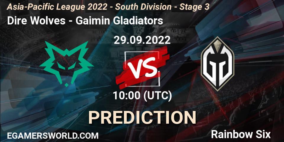 Dire Wolves - Gaimin Gladiators: Maç tahminleri. 29.09.2022 at 10:00, Rainbow Six, Asia-Pacific League 2022 - South Division - Stage 3