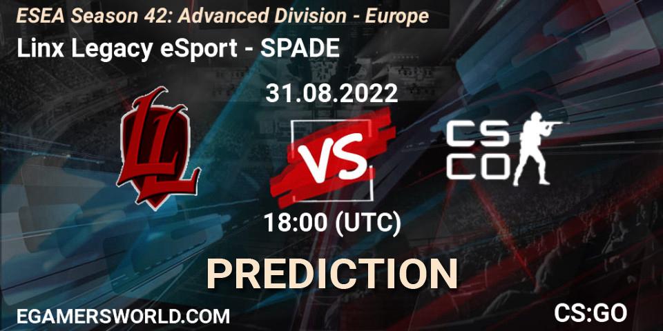 Linx Legacy eSport - SPADE: Maç tahminleri. 31.08.2022 at 18:00, Counter-Strike (CS2), ESEA Season 42: Advanced Division - Europe