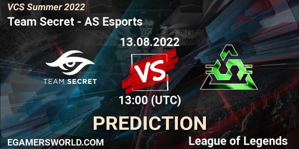 Team Secret - AS Esports: Maç tahminleri. 13.08.2022 at 13:00, LoL, VCS Summer 2022