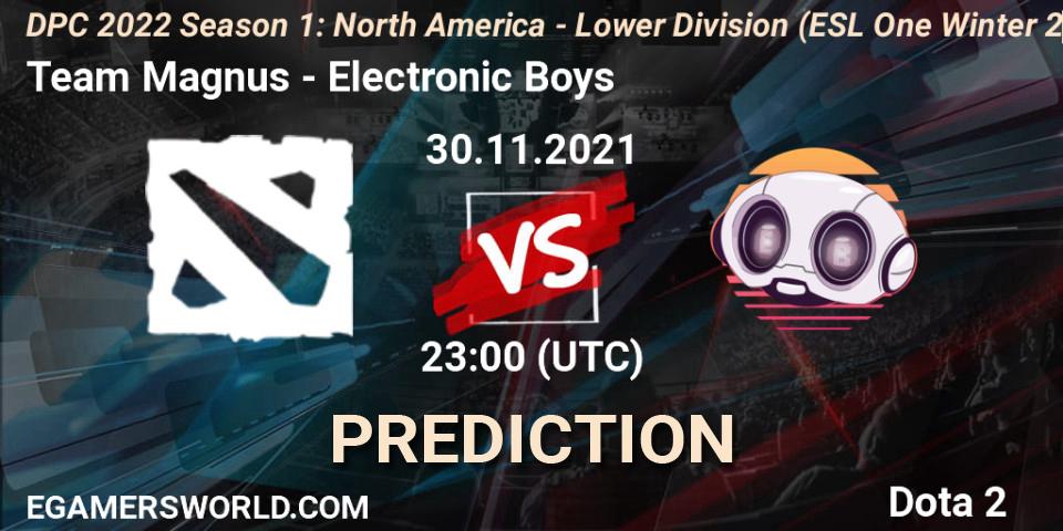 Team Magnus - Electronic Boys: Maç tahminleri. 30.11.2021 at 22:56, Dota 2, DPC 2022 Season 1: North America - Lower Division (ESL One Winter 2021)
