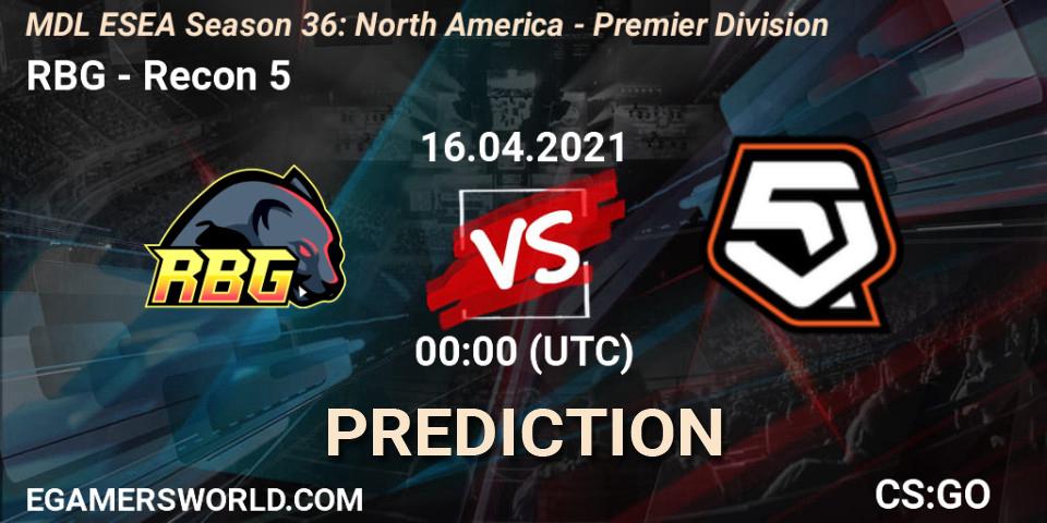 RBG - Recon 5: Maç tahminleri. 16.04.2021 at 00:00, Counter-Strike (CS2), MDL ESEA Season 36: North America - Premier Division