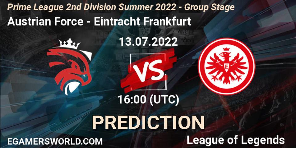 Austrian Force - Eintracht Frankfurt: Maç tahminleri. 13.07.2022 at 16:00, LoL, Prime League 2nd Division Summer 2022 - Group Stage