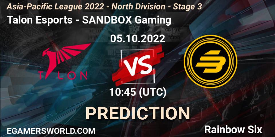 Talon Esports - SANDBOX Gaming: Maç tahminleri. 05.10.2022 at 10:45, Rainbow Six, Asia-Pacific League 2022 - North Division - Stage 3