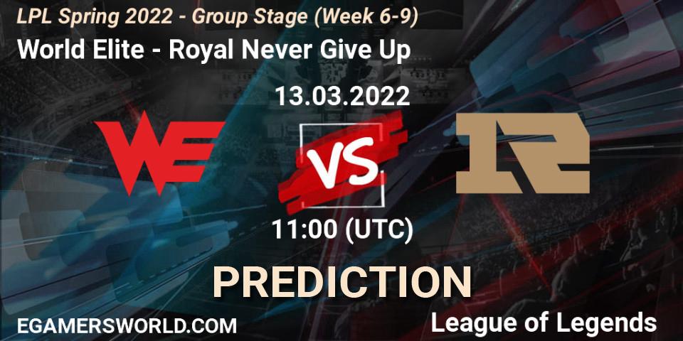World Elite - Royal Never Give Up: Maç tahminleri. 13.03.2022 at 12:00, LoL, LPL Spring 2022 - Group Stage (Week 6-9)