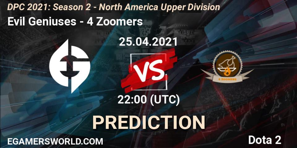 Evil Geniuses - 4 Zoomers: Maç tahminleri. 25.04.2021 at 22:04, Dota 2, DPC 2021: Season 2 - North America Upper Division 