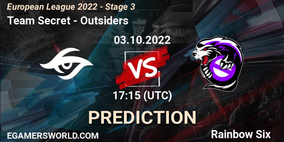 Team Secret - Outsiders: Maç tahminleri. 03.10.2022 at 17:15, Rainbow Six, European League 2022 - Stage 3