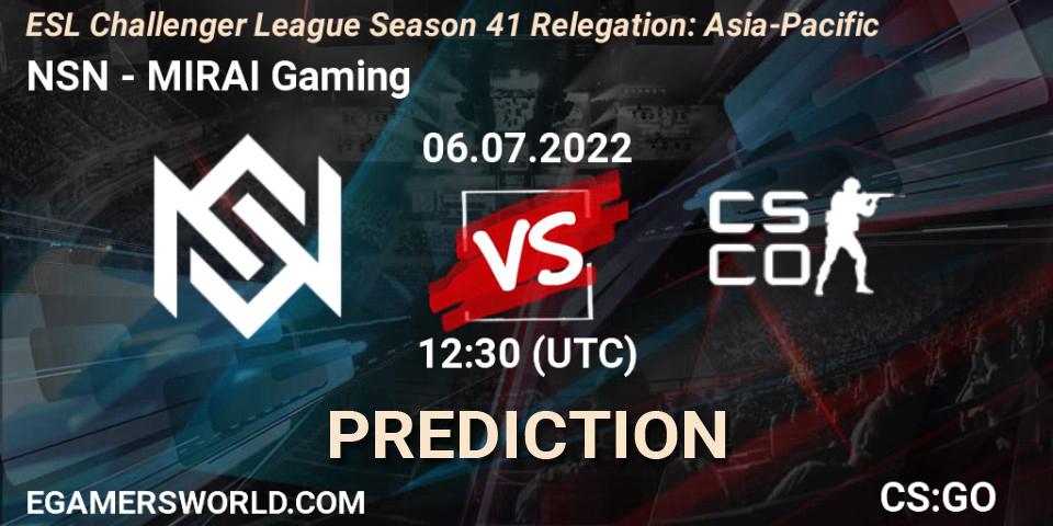 NSN - MIRAI Gaming: Maç tahminleri. 06.07.2022 at 12:30, Counter-Strike (CS2), ESL Challenger League Season 41 Relegation: Asia-Pacific