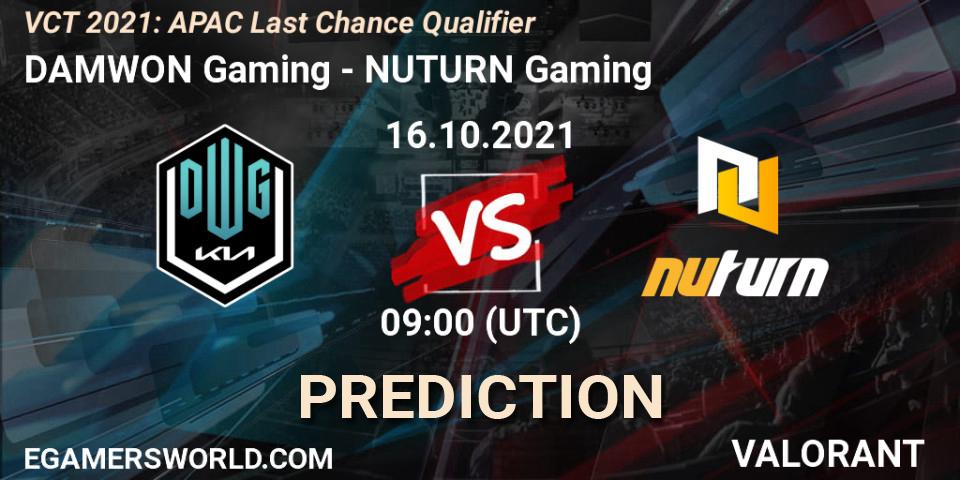 DAMWON Gaming - NUTURN Gaming: Maç tahminleri. 16.10.2021 at 09:00, VALORANT, VCT 2021: APAC Last Chance Qualifier