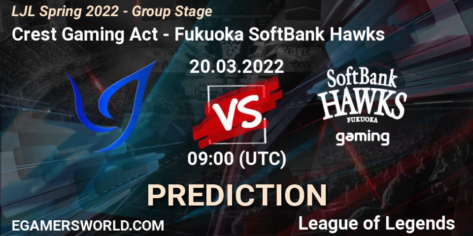 Crest Gaming Act - Fukuoka SoftBank Hawks: Maç tahminleri. 20.03.2022 at 09:00, LoL, LJL Spring 2022 - Group Stage