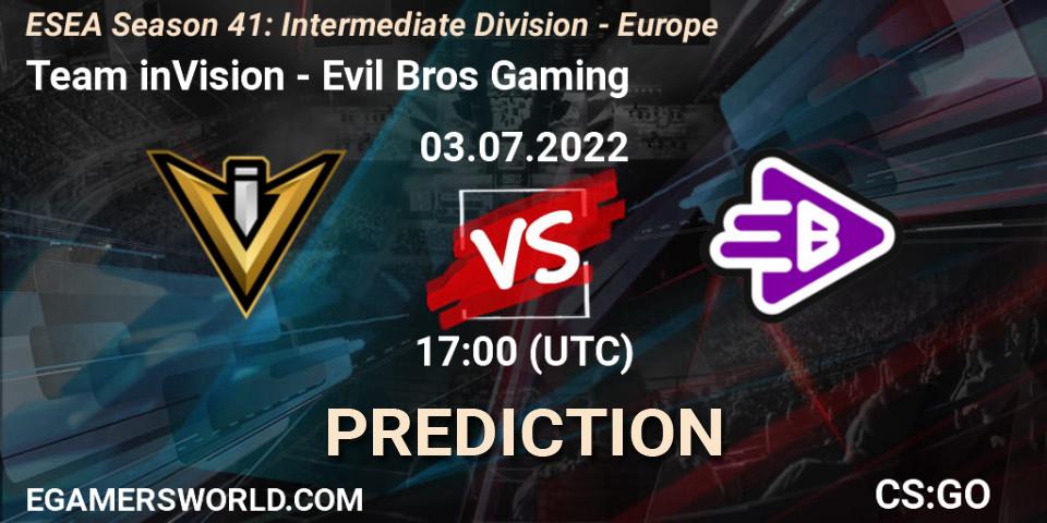 Team inVision - Evil Bros Gaming: Maç tahminleri. 03.07.2022 at 17:00, Counter-Strike (CS2), ESEA Season 41: Intermediate Division - Europe