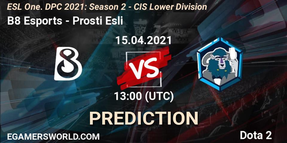 B8 Esports - Prosti Esli: Maç tahminleri. 15.04.2021 at 12:55, Dota 2, ESL One. DPC 2021: Season 2 - CIS Lower Division