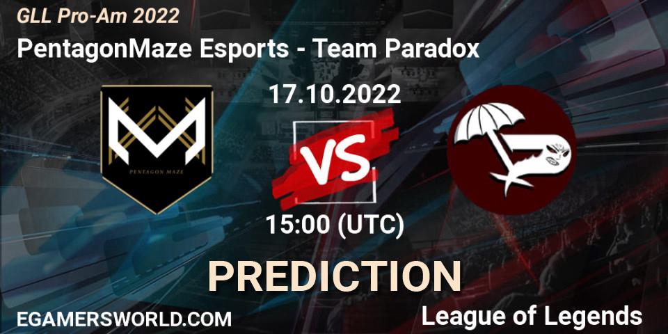 PentagonMaze Esports - Team Paradox: Maç tahminleri. 17.10.2022 at 18:30, LoL, GLL Pro-Am 2022