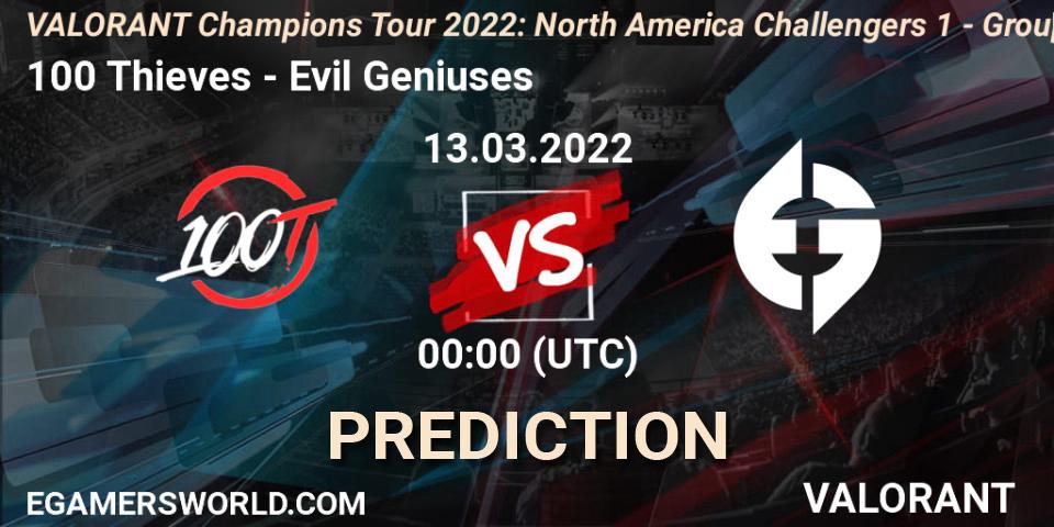 100 Thieves - Evil Geniuses: Maç tahminleri. 12.03.2022 at 21:00, VALORANT, VCT 2022: North America Challengers 1 - Group Stage